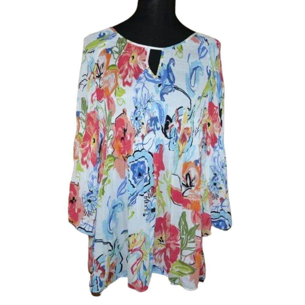 🔥3 FOR $25🔥Spence Colorful Artsy Floral Print White Blouse Vacation Summer Top